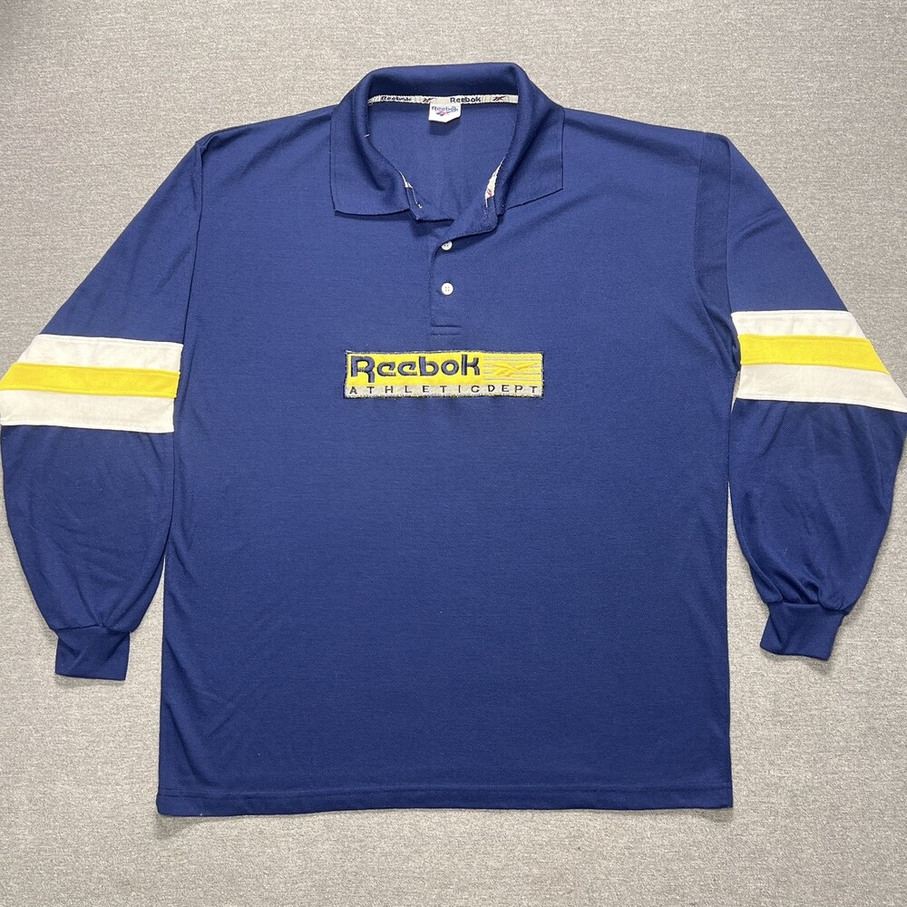 Vintage Reebok Rugby Shirt Mens Extra Large Blue Yellow Polo Retro 90s